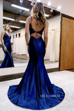 Cute Spaghetti Straps Mermaid Beaded Long Prom Dress Dark Navy Evening Dresses lpk553