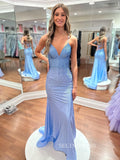 Charming Mermaid Spaghetti Straps Blue Sparkly Long Prom Dress With Rhinestone lpk554|Selinadress
