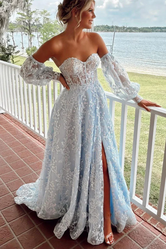 Sparkly A Line Sweetheart Light Blue Sequins Lace Long Prom Dresses with Slit lpk800|Selinadress