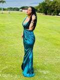 Sheath/Column V neck Simple Blue Prom Gown With Slit lpk934|Selinadress