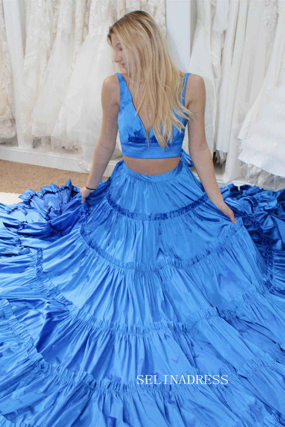 Plunging V Two-Piece Ruffle Layers A-line Green Long Prom Dress lps024 SELINADRESS Plunging V Two-Piece Ruffle Layers A-line Green Long Prom Dress lps024 SELINADRESS