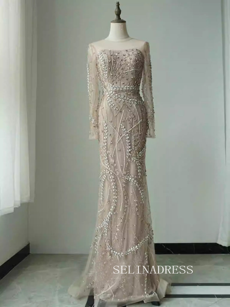 Luxurious Champagne Arabic Long Sleeves Beaded Long Formal Evening Dre –  SELINADRESS