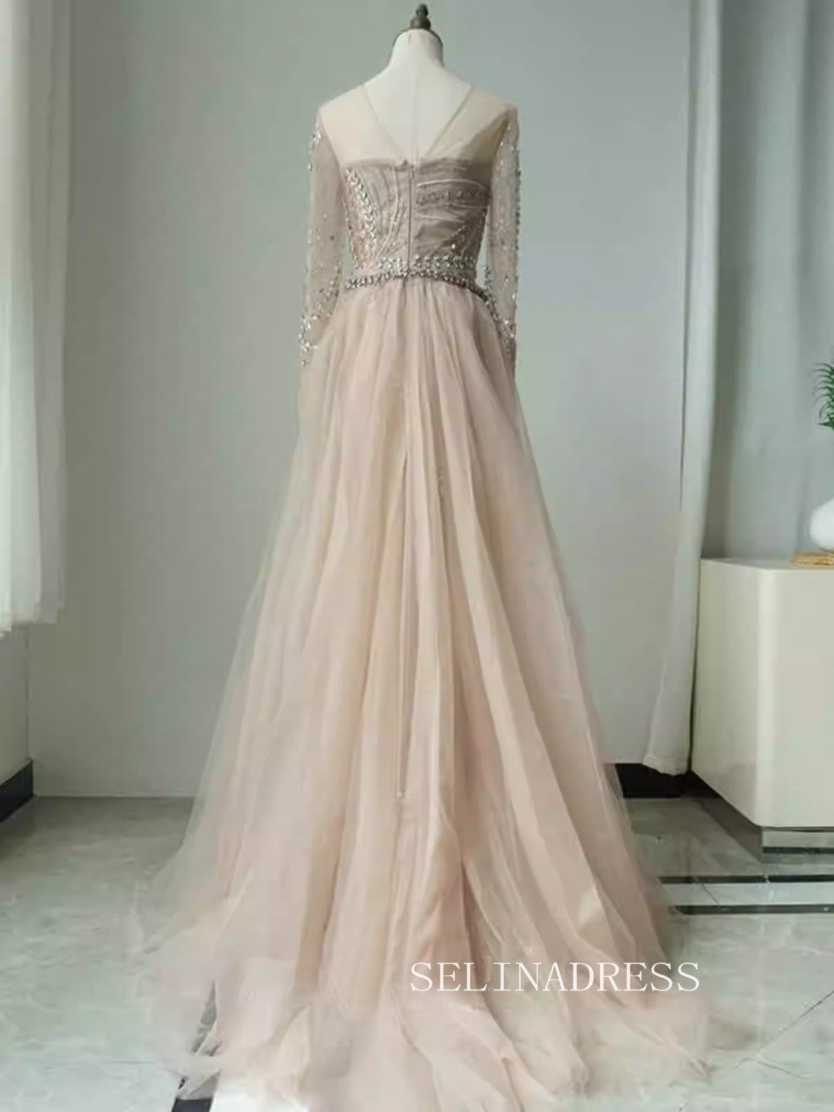Luxurious Champagne Arabic Long Sleeves Beaded Long Formal Evening Dre SELINADRESS Luxurious Champagne Arabic Long Sleeves Beaded Long Formal Evening Dre SELINADRESS