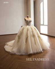 Luxurious Champagne Ball Gown with Intricate Gold Embroidery and Dramatic Bow Back 261092|Selinadress