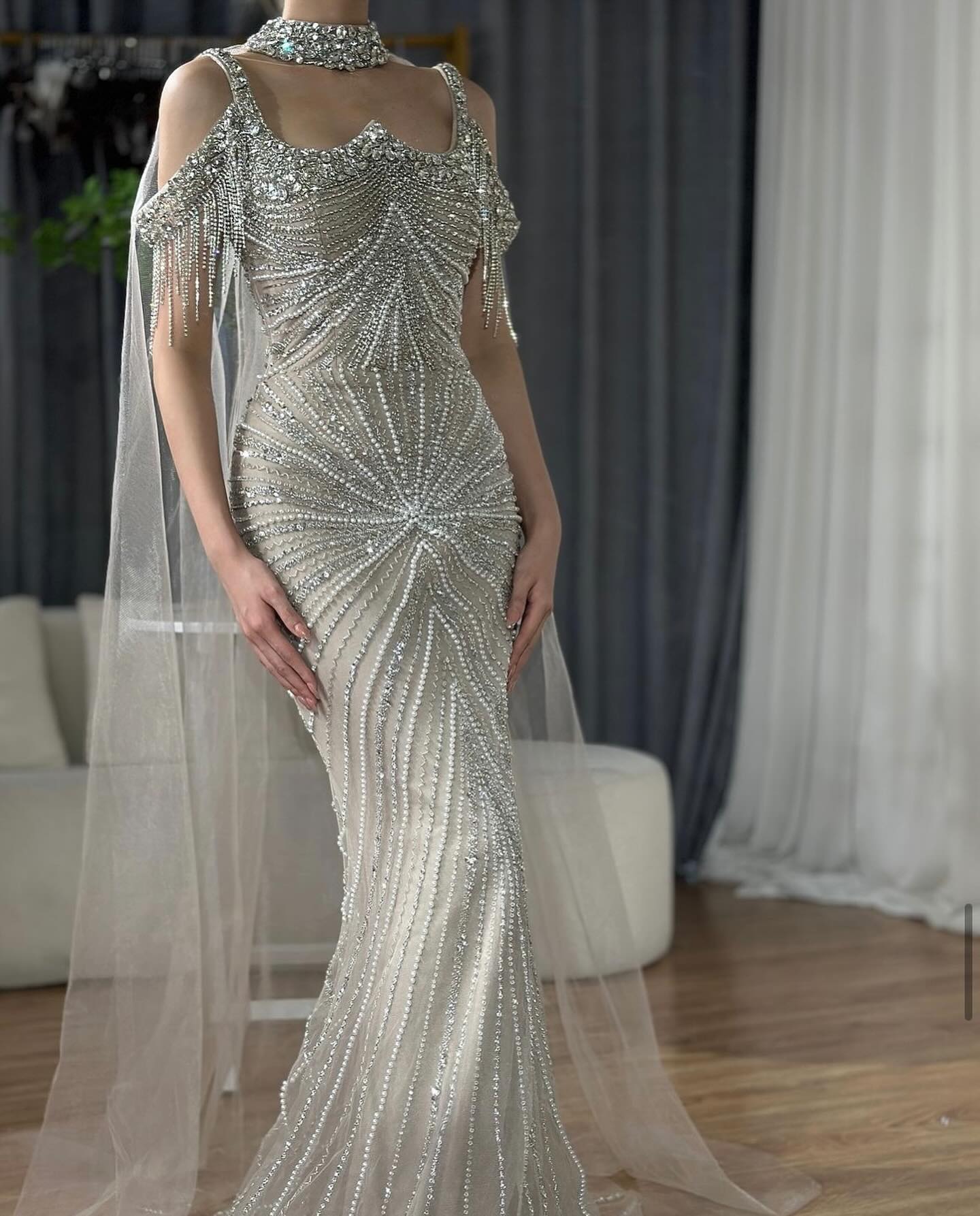 silver cape dress Luxury Silver Gray Beaded Crystal Prom Dress with Flowing Cape SS517 Blush Pink / 6