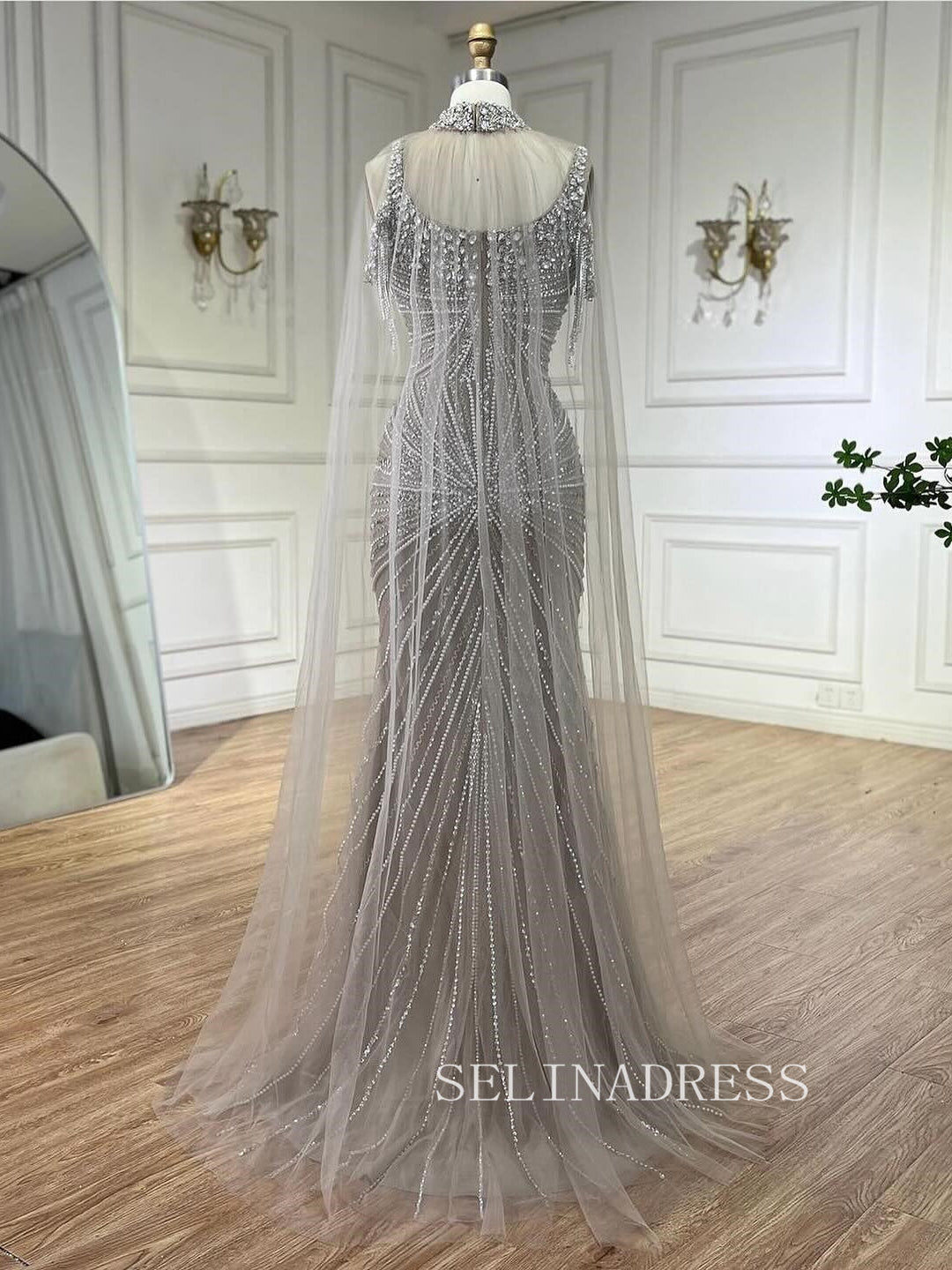 Luxurious Silver Arabic Cape Sleeves Beaded Long Formal Evening Dress SELINADRESS Luxurious Silver Arabic Cape Sleeves Beaded Long Formal Evening Dress SELINADRESS
