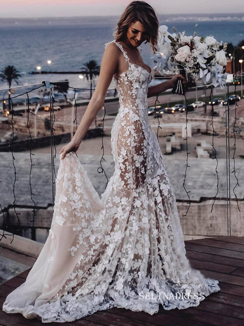 mermaid wedding dress lace sweetheart Lace Sweetheart Neck Strapless Mermaid Wedding Dress With Train C0004, Ivory