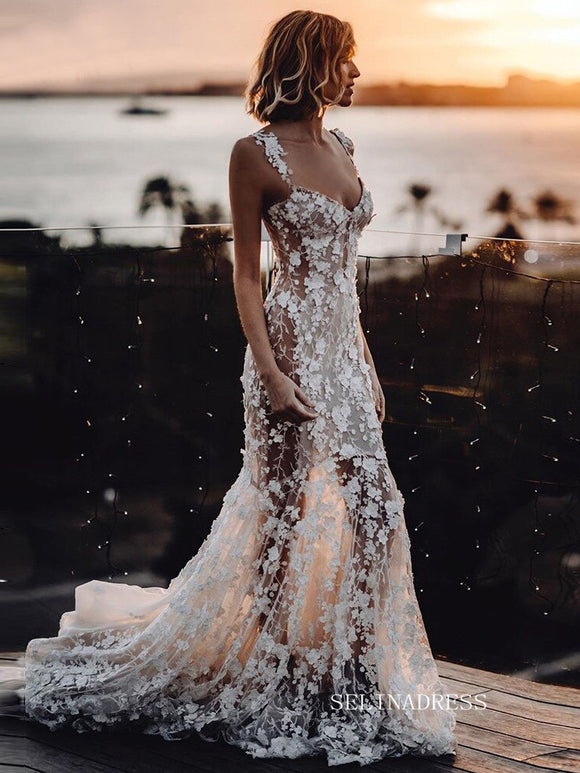 Luxury 3D Lace Sweetheart Mermaid Wedding Dress Rustic Wedding Gowns Boho Flowers Bridal Dress ASK005|Selinadress