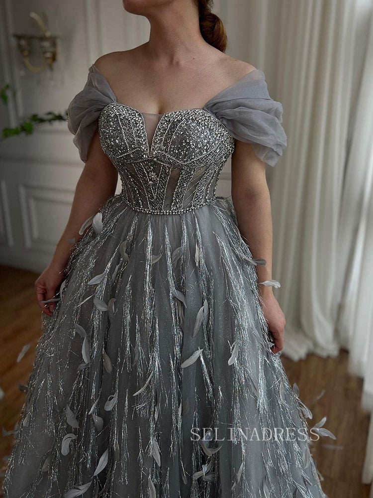 Luxury A-line Off-the-shoulder Beaded Evening Gowns Unique Formal Dres SELINADRESS Luxury A-line Off-the-shoulder Beaded Evening Gowns Unique Formal Dres SELINADRESS