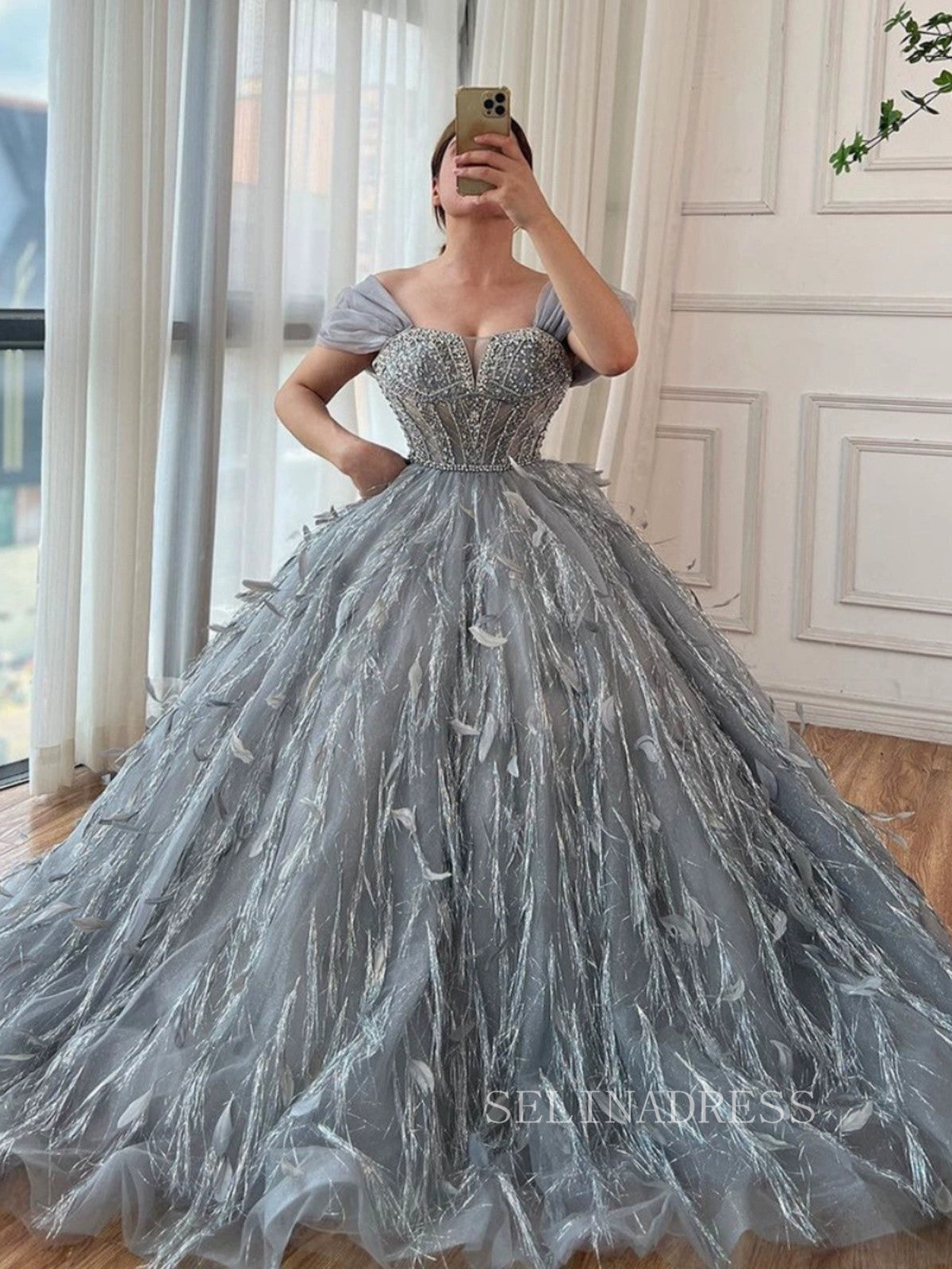 Luxury A-line Off-the-shoulder Beaded Evening Gowns Unique Formal Dres SELINADRESS Luxury A-line Off-the-shoulder Beaded Evening Gowns Unique Formal Dres SELINADRESS