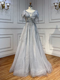 Luxury A-line Scoop Short Sleeve Evening Gowns Beaded Formal Dresses LA72066|Selinadress