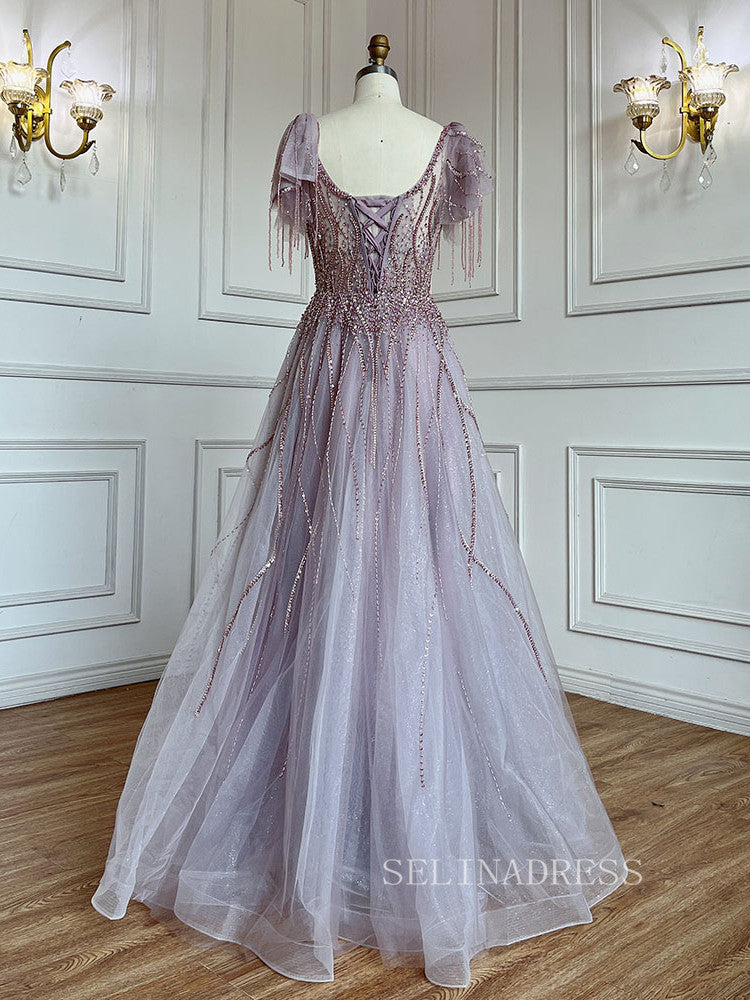 luxury a line dresses Luxury / Gorgeous Grey See-through Evening Dresses 2020 A-Line / Princess Deep V-Neck Long Sleeve Rhinestone Beading Floor-Length / Long Ruffle Formal