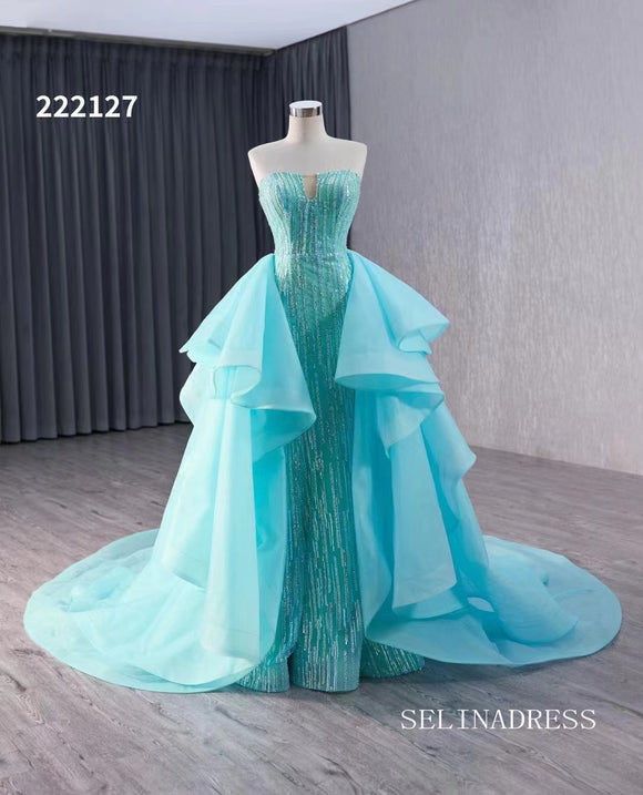 luxury Aqua Blue Beaded Wedding Dresses With Overskirt Strapless Formal Gown 222127|Selinadress