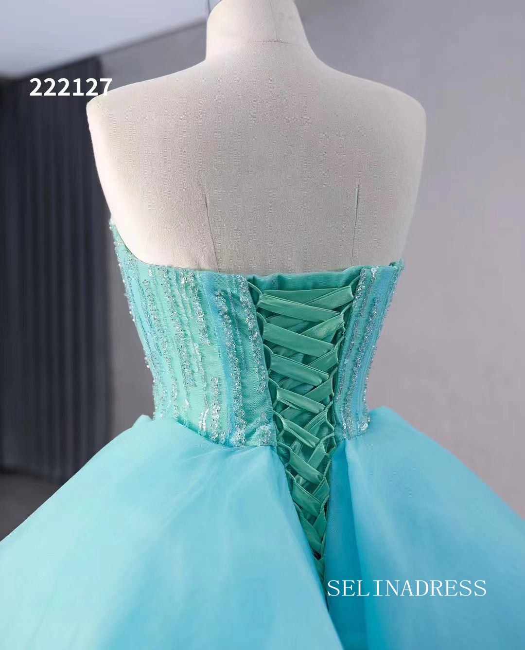 luxury Aqua Blue Beaded Wedding Dresses With Overskirt Strapless Forma