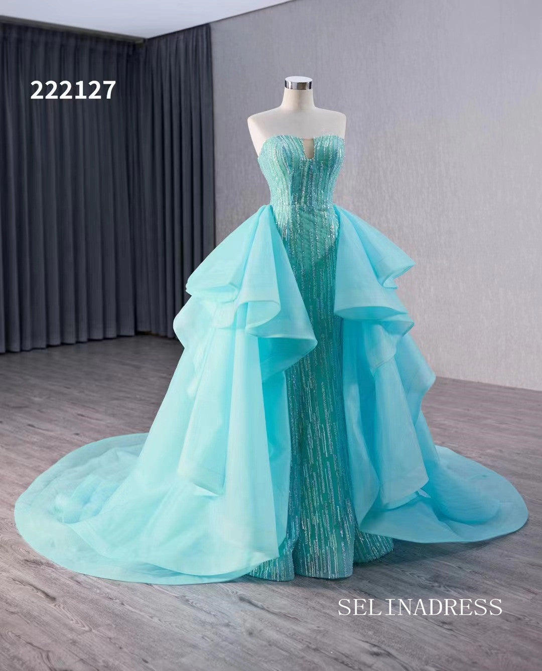 luxury Aqua Blue Beaded Wedding Dresses With Overskirt Strapless Forma