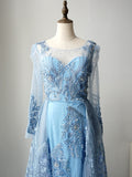 Luxury Bateau Long Sleeve Prom Dresses Gorgeous Full Beaded Elegant Evening Dresses FUE008
