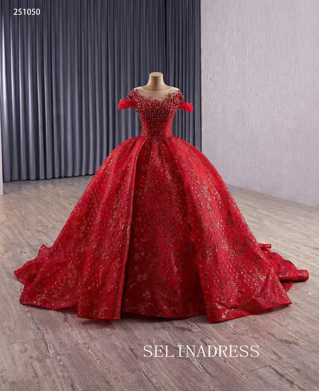 Luxury Bateau Red Ball Gown Lace Beaded Long Prom Dress Quincess Dress 251050|Selinadress