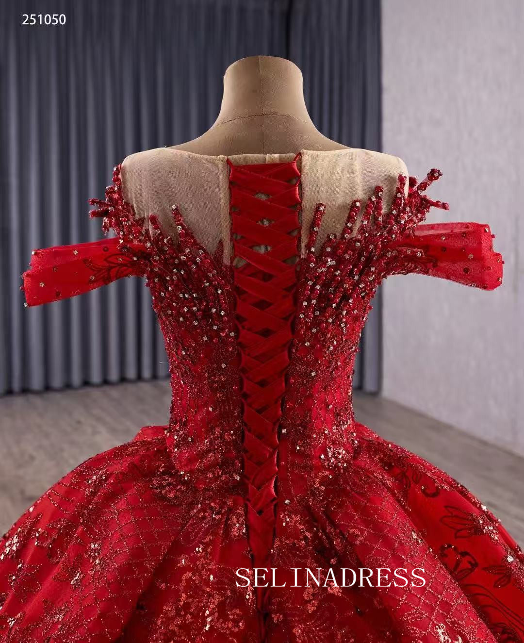Luxury Bateau Red Ball Gown Lace Beaded Long Prom Dress Quincess Dress 251050|Selinadress