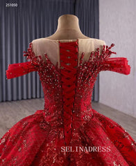 Luxury Bateau Red Ball Gown Lace Beaded Long Prom Dress Quincess Dress 251050|Selinadress