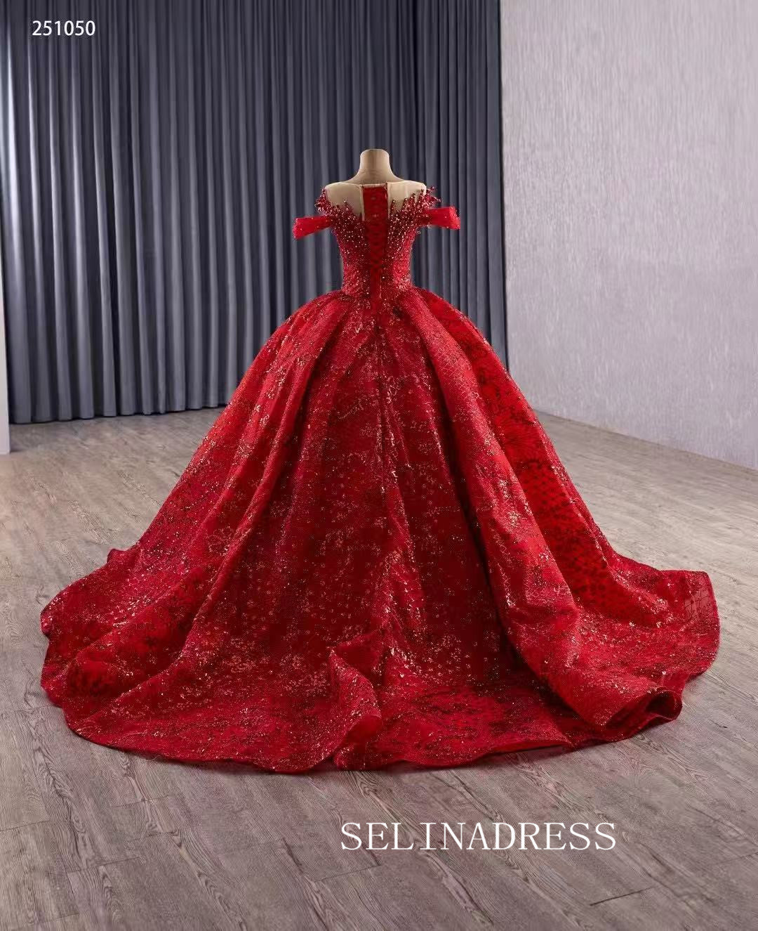 Luxury Bateau Red Ball Gown Lace Beaded Long Prom Dress Quincess Dress 251050|Selinadress