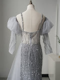 Luxury Beaded Long Prom Dresses With Long Sleeve Silver Evening Gown Formal Dresses FUE002