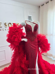 Luxury Deep V neck Red Beadeing Long Prom Dress Evening Gowns With High Split TKL614|Selinadress