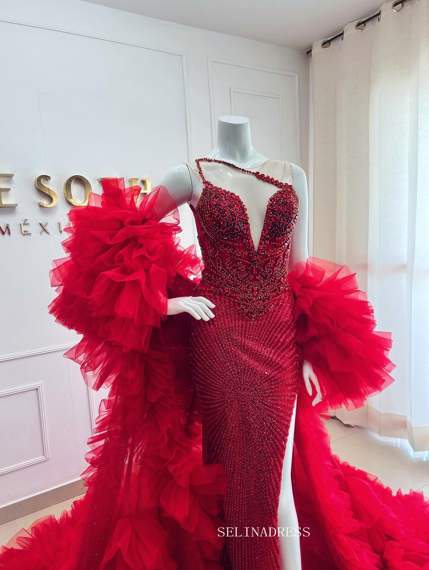 Luxury Deep V neck Red Beadeing Long Prom Dress Evening Gowns With High Split TKL614|Selinadress