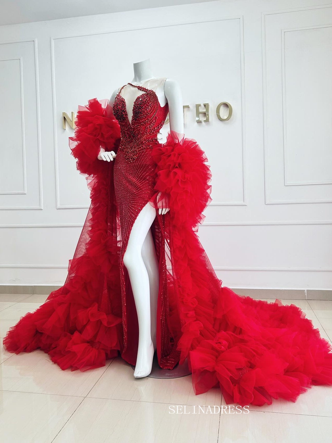 Luxury Deep V neck Red Beadeing Long Prom Dress Evening Gowns With High Split TKL614|Selinadress