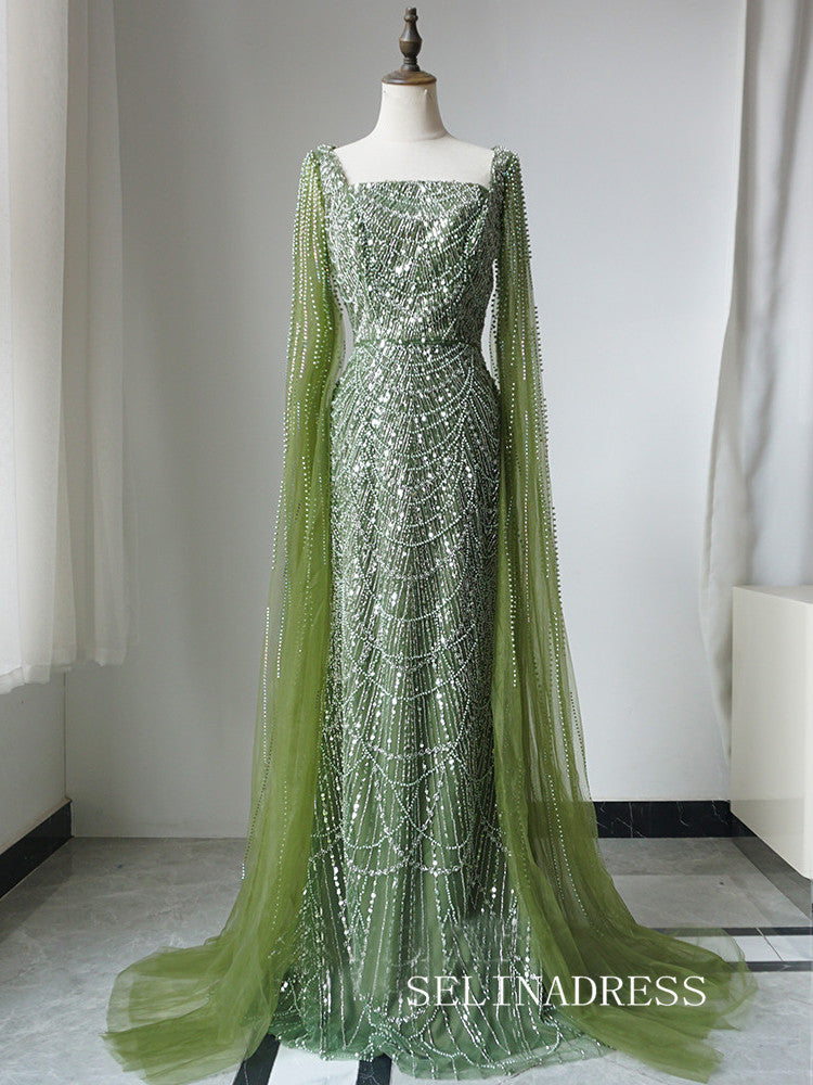 Luxury Full Beaded Long Prom Dress Elegant Sage Evening Gowns CRN012|Selinadress