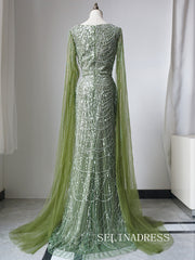 Luxury Full Beaded Long Prom Dress Elegant Sage Evening Gowns CRN012|Selinadress