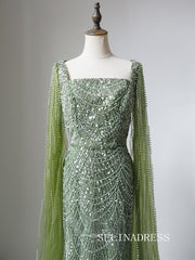 Luxury Full Beaded Long Prom Dress Elegant Sage Evening Gowns CRN012|Selinadress