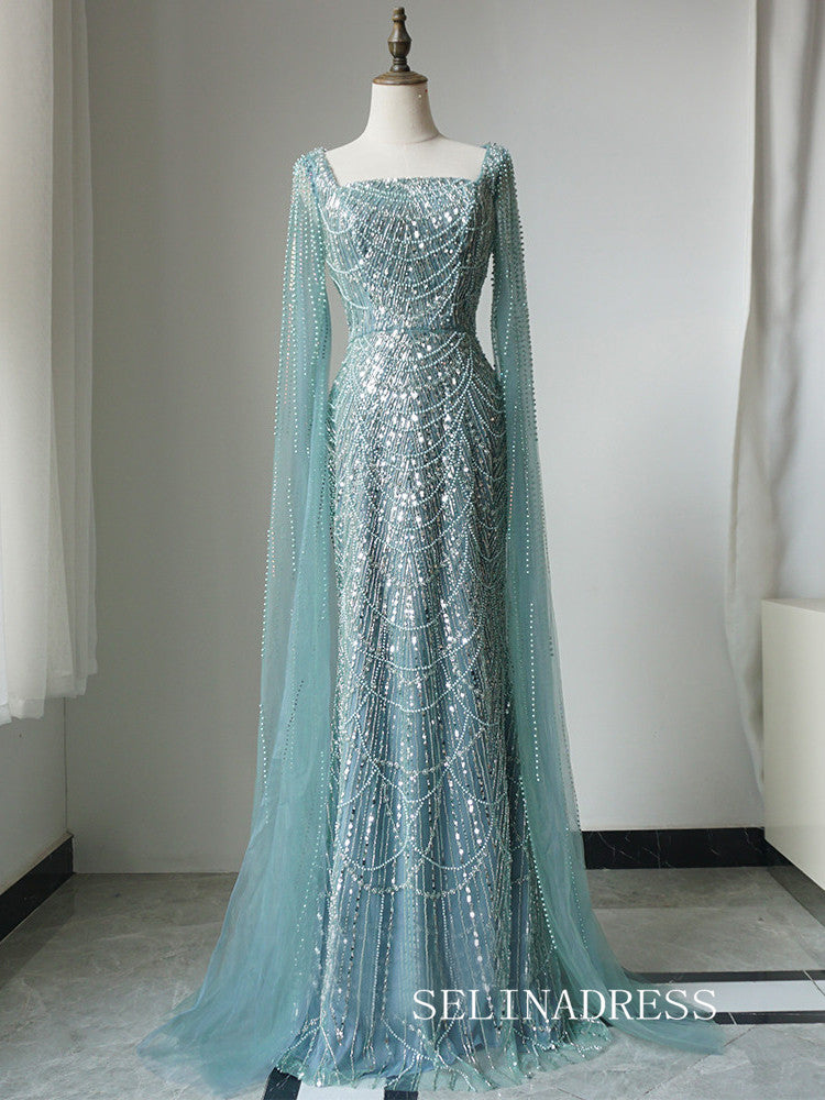Luxury Full Beaded Long Prom Dress Elegant Sage Evening Gowns CRN012|Selinadress