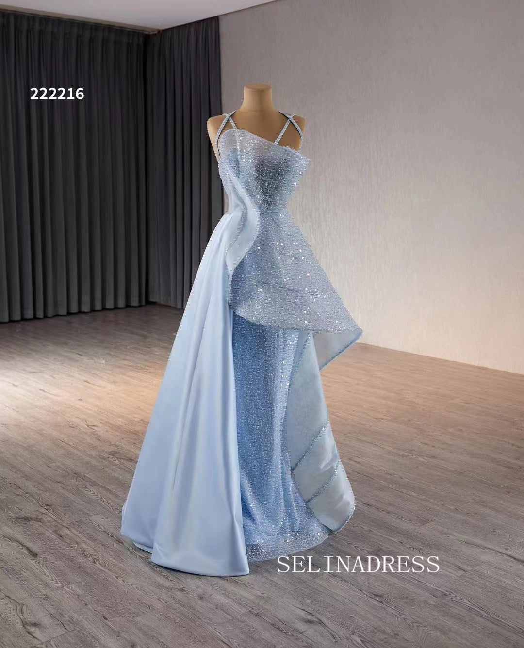 Luxury Light Sky Blue Straps Sequins Long Formal Dresses Evening Dress