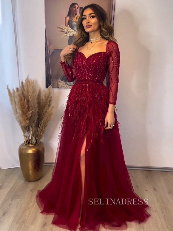 Luxury Long Sleeve Feather Beaded Evening Gowns Long Formal Dresses LA71468|Selinadress