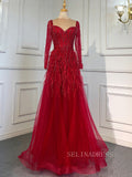 Luxury Long Sleeve Feather Beaded Evening Gowns Long Formal Dresses LA71468|Selinadress