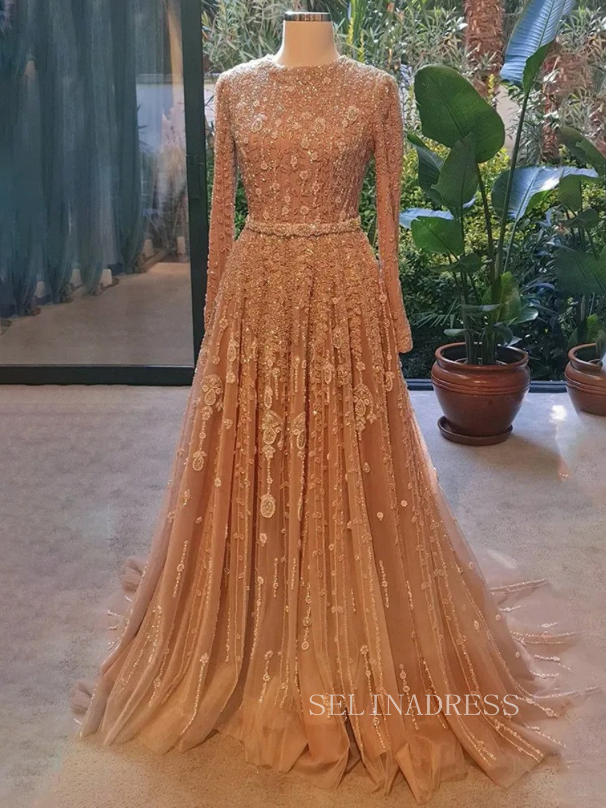 Luxury Long Sleeve Pink Beaded Evening Gowns Long Formal Dresses LA71803C Luxury Long Sleeve Pink Beaded Evening Gowns Long Formal Dresses LA71803C
