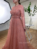Luxury Long Sleeve Pink Beaded Evening Gowns Long Formal Dresses LA71803C|Selinadress