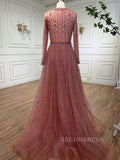 Luxury Long Sleeve Pink Beaded Evening Gowns Long Formal Dresses LA71803C|Selinadress
