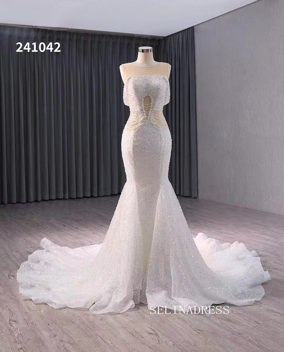 beaded wedding dress mermaid Off-the-shoulder Floor Length Applique Beading Zipper Color Davinci Bridal 50678 Fitted Beaded