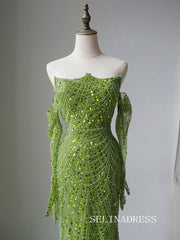 Luxury Mermaid Green Strapless Long Prom Dress With Full Beaded Long Sleeve Evening Gowns CRN021|Selinadress