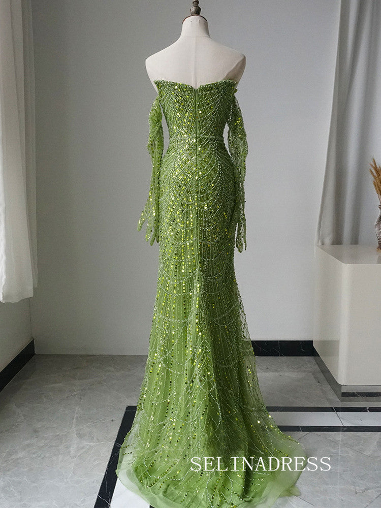 Luxury Mermaid Green Strapless Long Prom Dress With Full Beaded Long Sleeve Evening Gowns CRN021|Selinadress