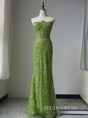 Luxury Mermaid Green Strapless Long Prom Dress With Full Beaded Long Sleeve Evening Gowns CRN021|Selinadress