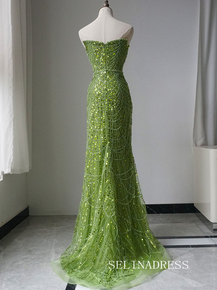 Luxury Mermaid Green Strapless Long Prom Dress With Full Beaded Long Sleeve Evening Gowns CRN021|Selinadress