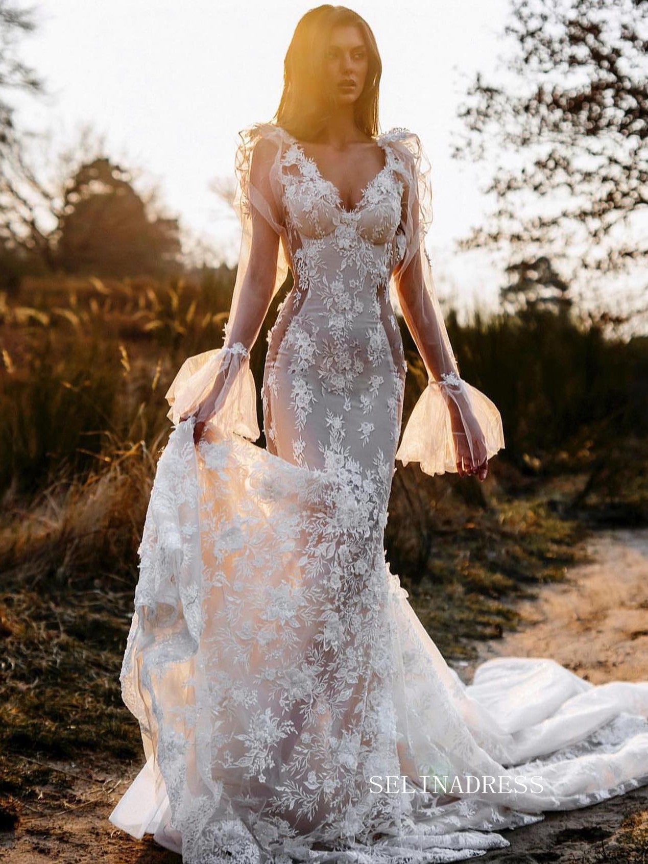 Luxury Mermaid Lace Wedding Dress Long Sleeve Illusion Open Back Sexy SELINADRESS Luxury Mermaid Lace Wedding Dress Long Sleeve Illusion Open Back Sexy SELINADRESS