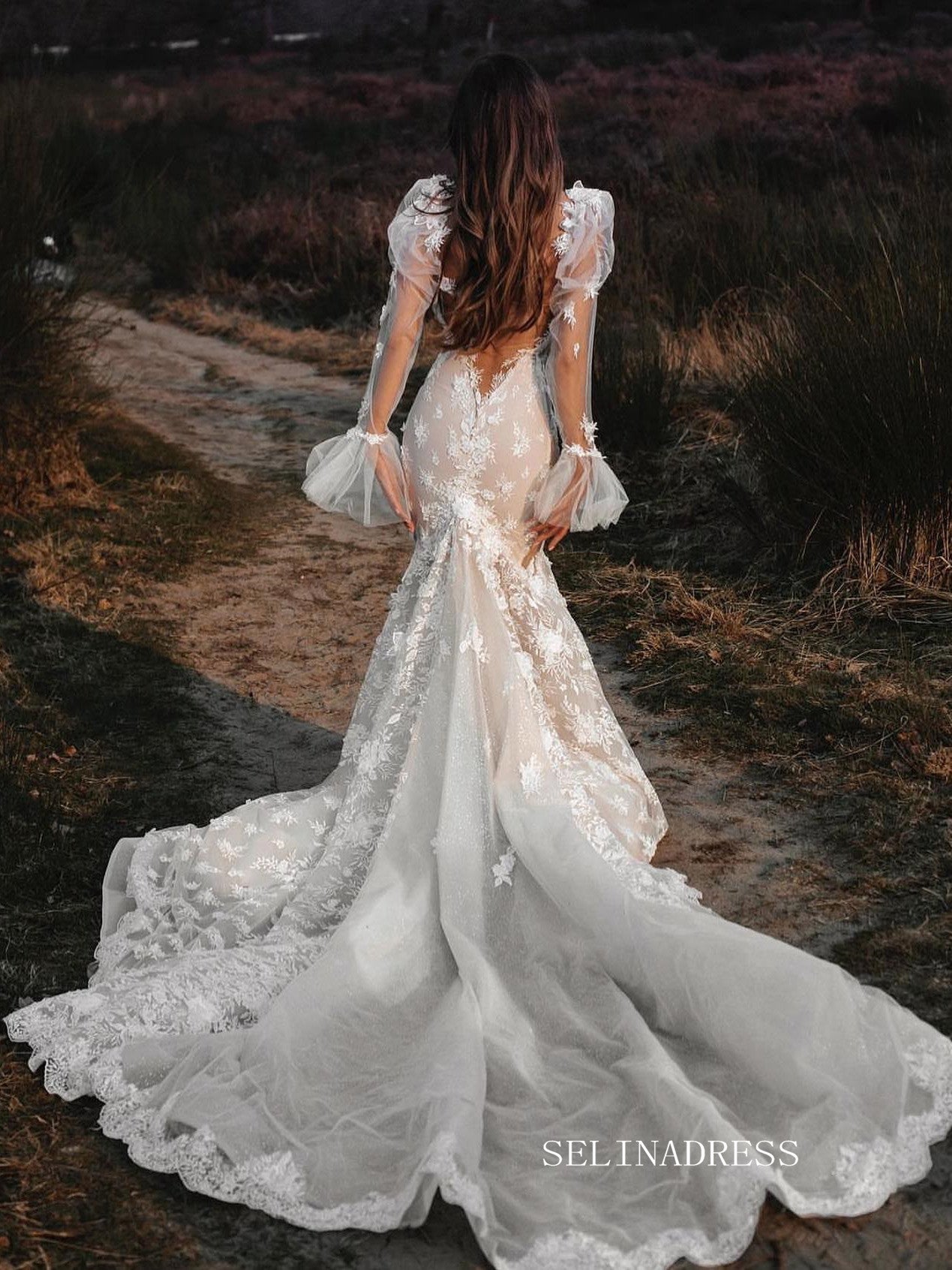 Luxury Mermaid Lace Wedding Dress Long Sleeve Illusion Open Back Sexy SELINADRESS Luxury Mermaid Lace Wedding Dress Long Sleeve Illusion Open Back Sexy SELINADRESS