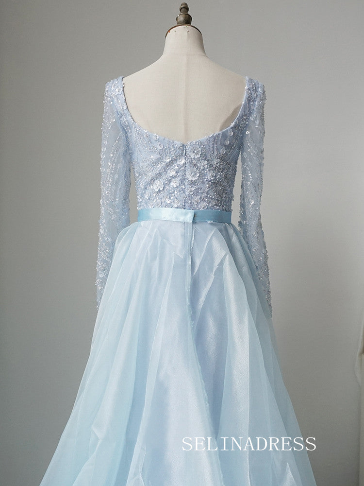 Luxury Mermaid Light Sky Blue Long Prom Dress With Skirt Long Sleeve Evening Gowns CRN022|Selinadress