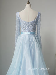 Luxury Mermaid Light Sky Blue Long Prom Dress With Skirt Long Sleeve Evening Gowns CRN022|Selinadress