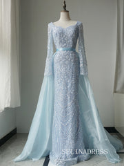 Luxury Mermaid Light Sky Blue Long Prom Dress With Skirt Long Sleeve Evening Gowns CRN022|Selinadress