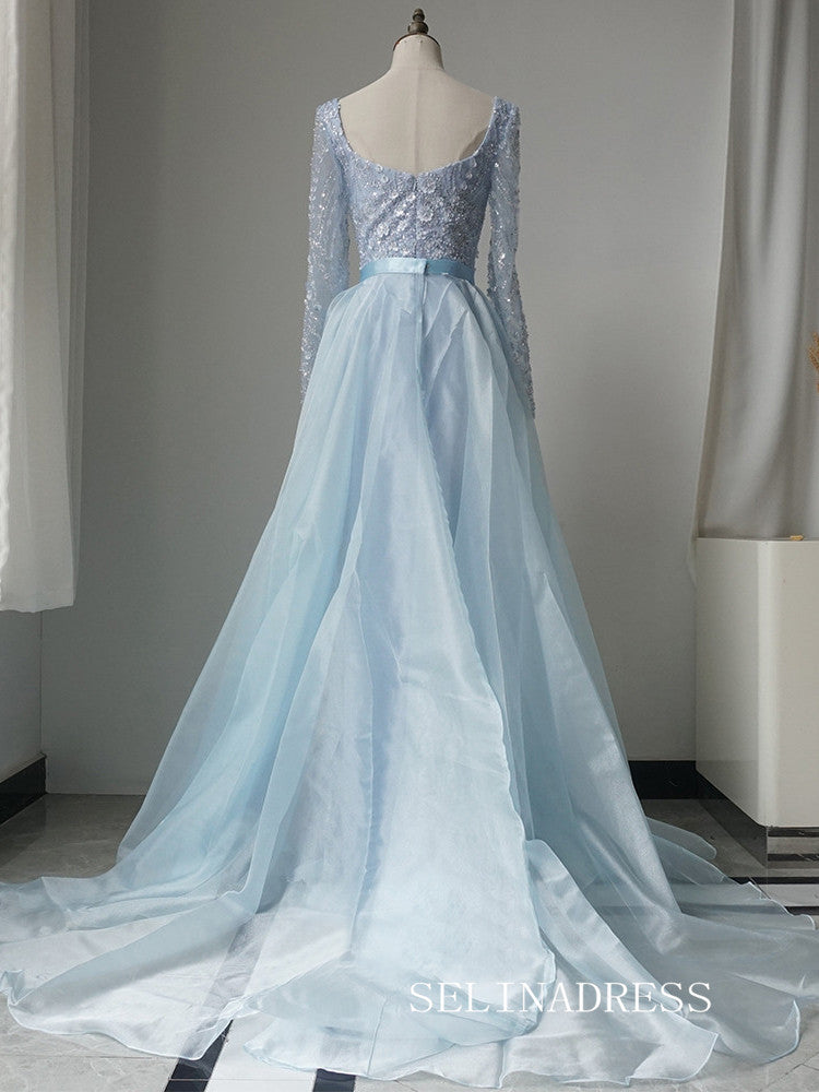 Luxury Mermaid Light Sky Blue Long Prom Dress With Skirt Long Sleeve Evening Gowns CRN022|Selinadress