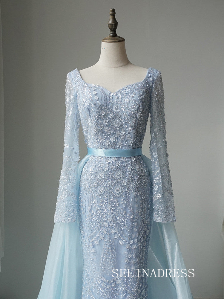 Luxury Mermaid Light Sky Blue Long Prom Dress With Skirt Long Sleeve Evening Gowns CRN022|Selinadress